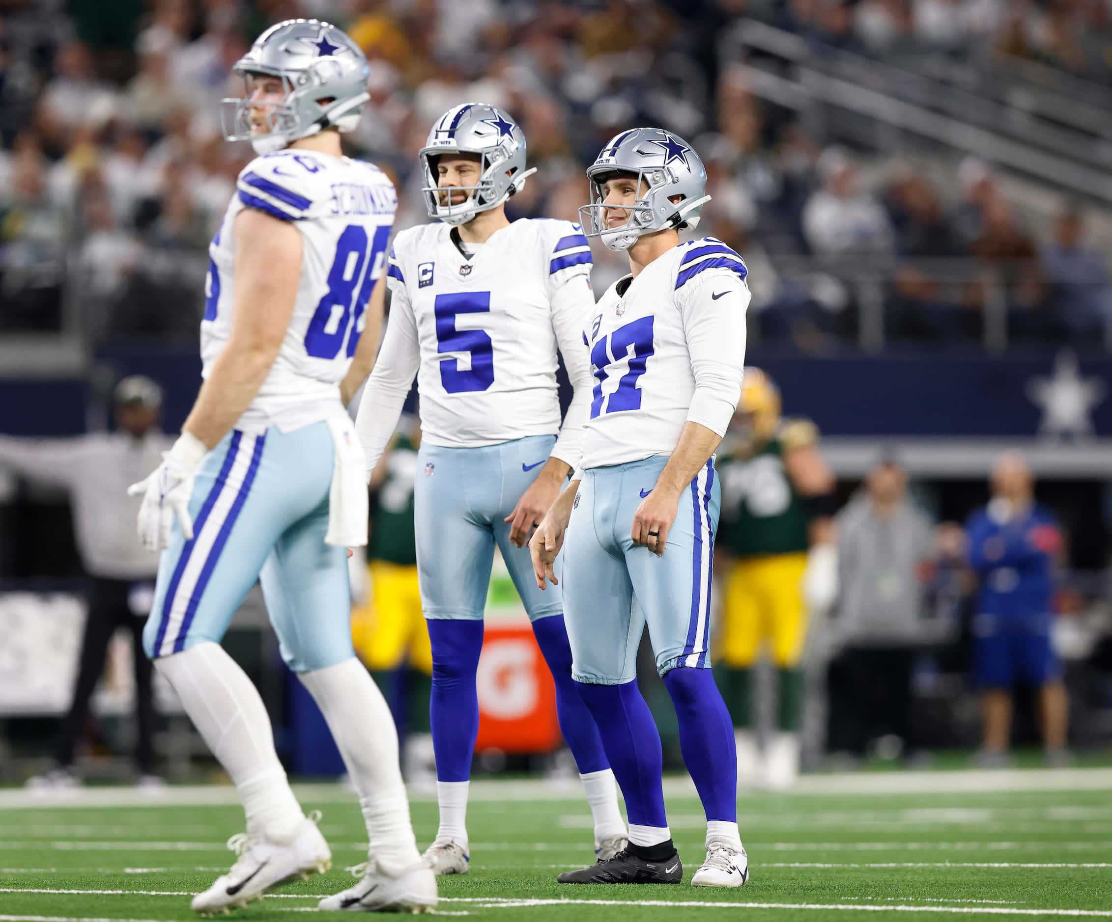 Dallas Cowboys place kicker Brandon Aubrey (17) watches as his third quarter extra point hit...