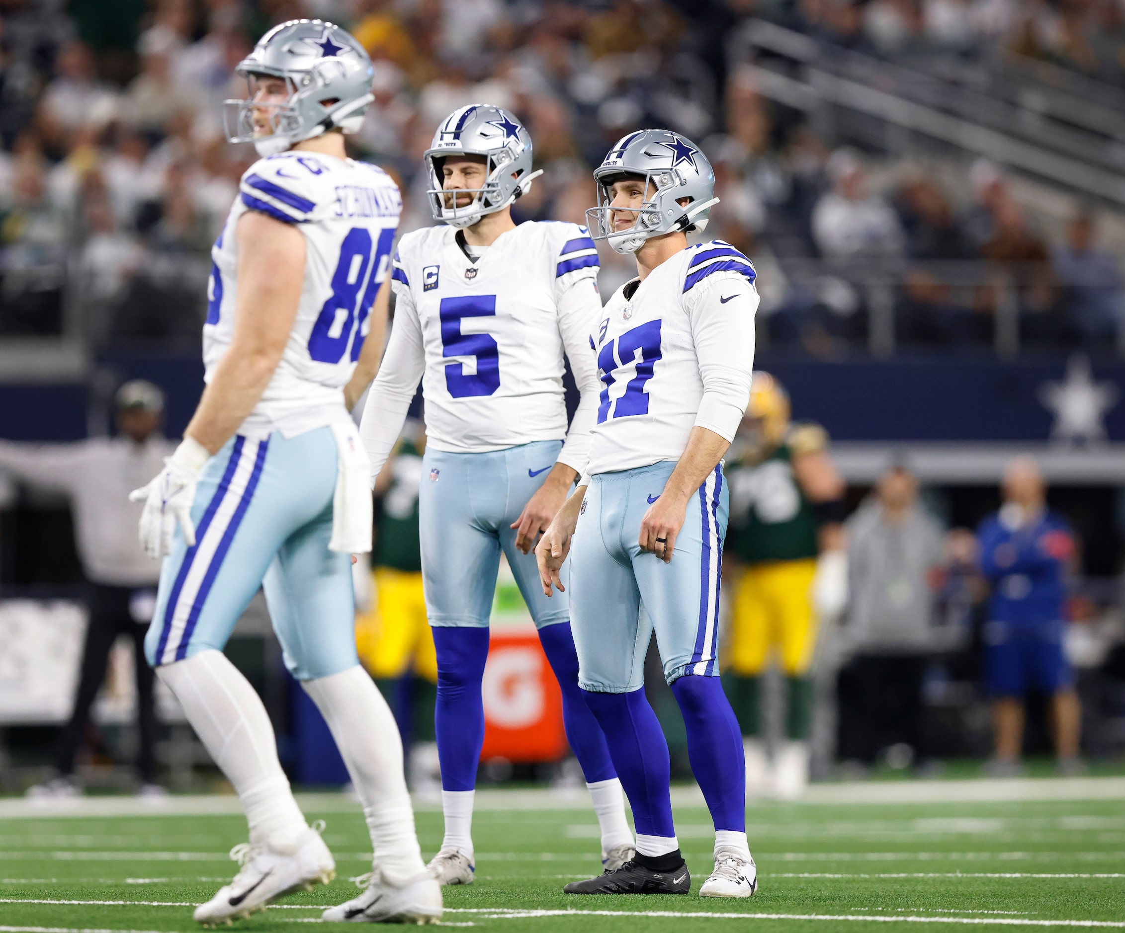 Dallas Cowboys place kicker Brandon Aubrey (17) watches as his third quarter extra point hit...