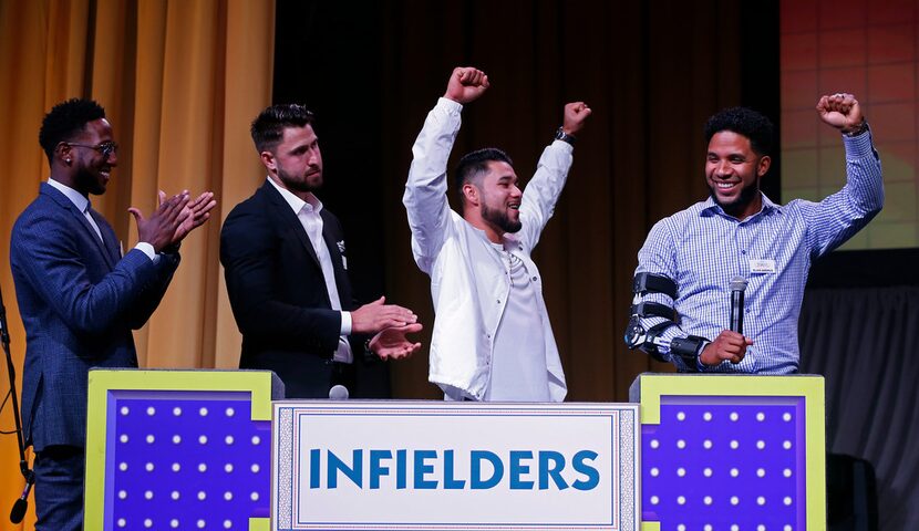 From left, Texas Rangers infielders Jurickson Profar, Joey Gallo, Isiah Kiner-Falefa and...