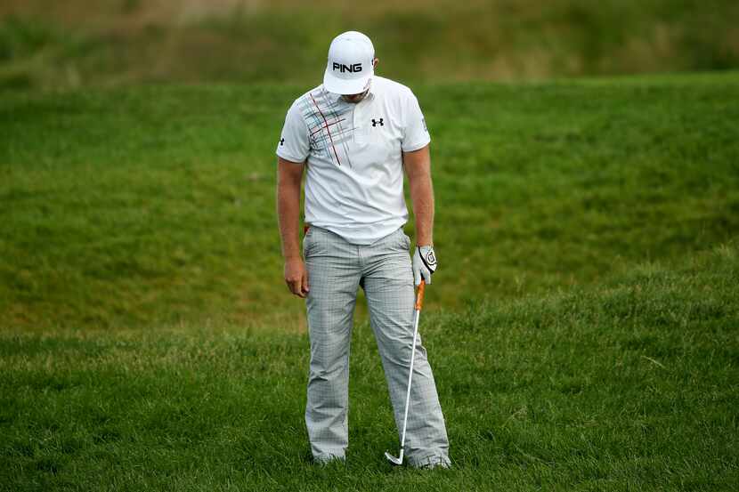 ARDMORE, PA - JUNE 16: Hunter Mahan of the United States reacts to his second shot on the...