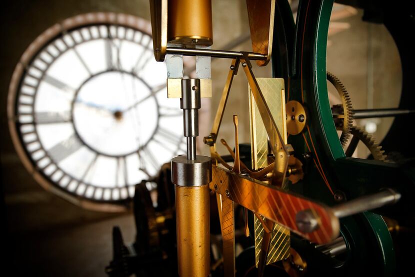 The timing mechanism on the E. Howard & Co. tower clock in the  Old Red Museum, in downtown...
