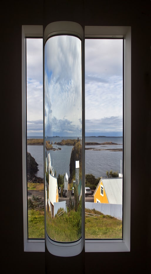 Interior installation detail of one of 24 glass cylinders holding water from ice of...