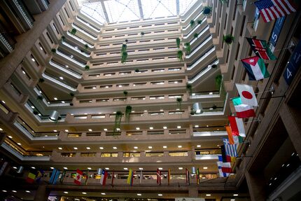 Flags line the atrium in the World Trade Center.