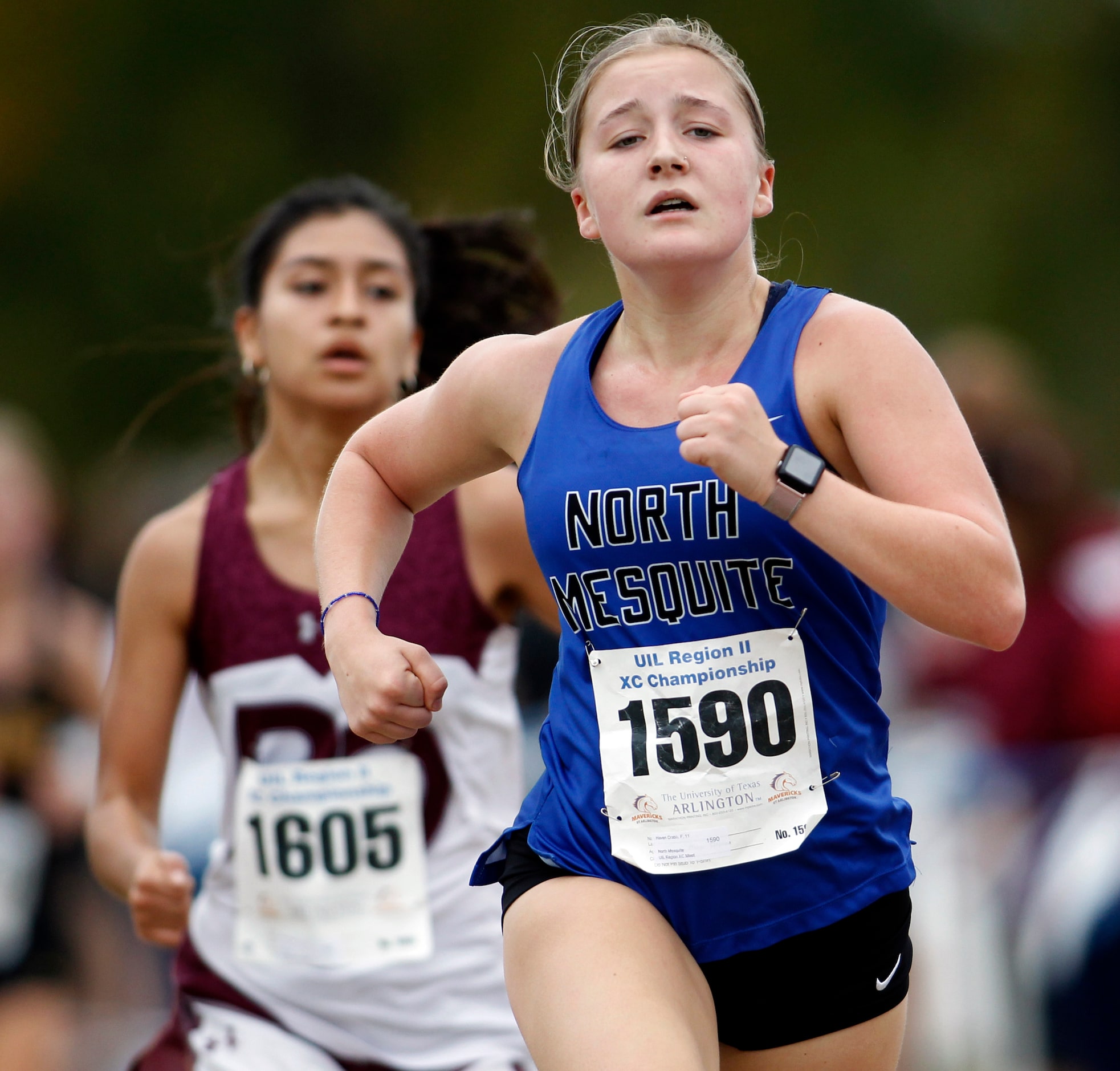 North Mesquite junior Haven Crabb (1590) races to the finish line of the Girls Class 5A...