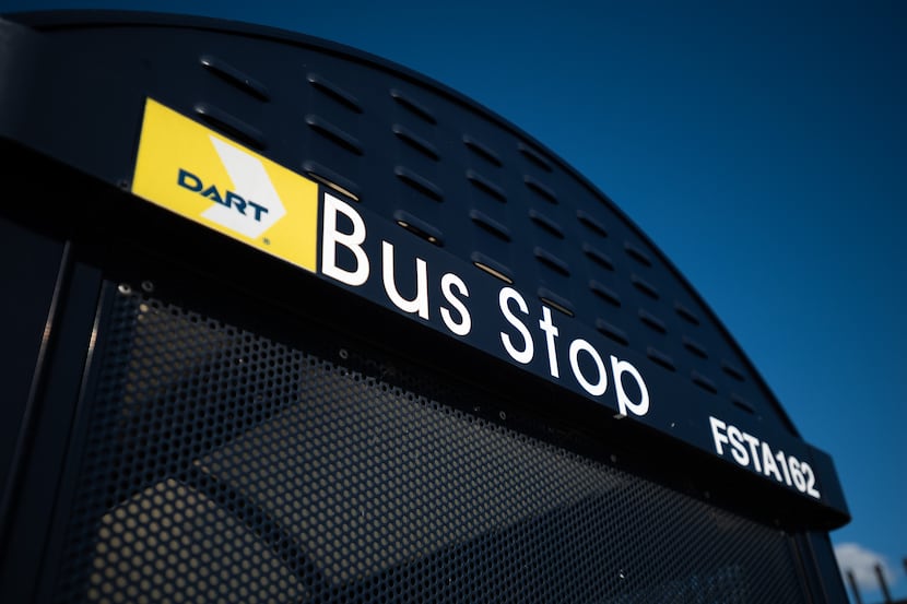 DART bus signage at a bus stop along route 81, on Aug. 30, 2021 in Dallas.