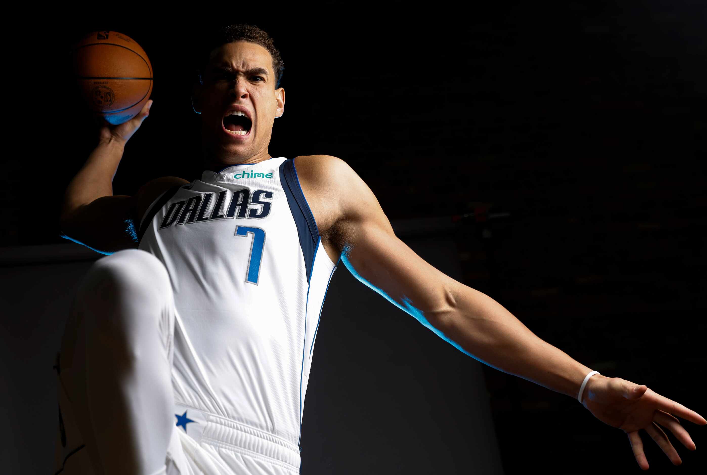 Dallas Mavericks’ Dwight Powell poses for a photo during the media day on Friday, Sept. 29,...
