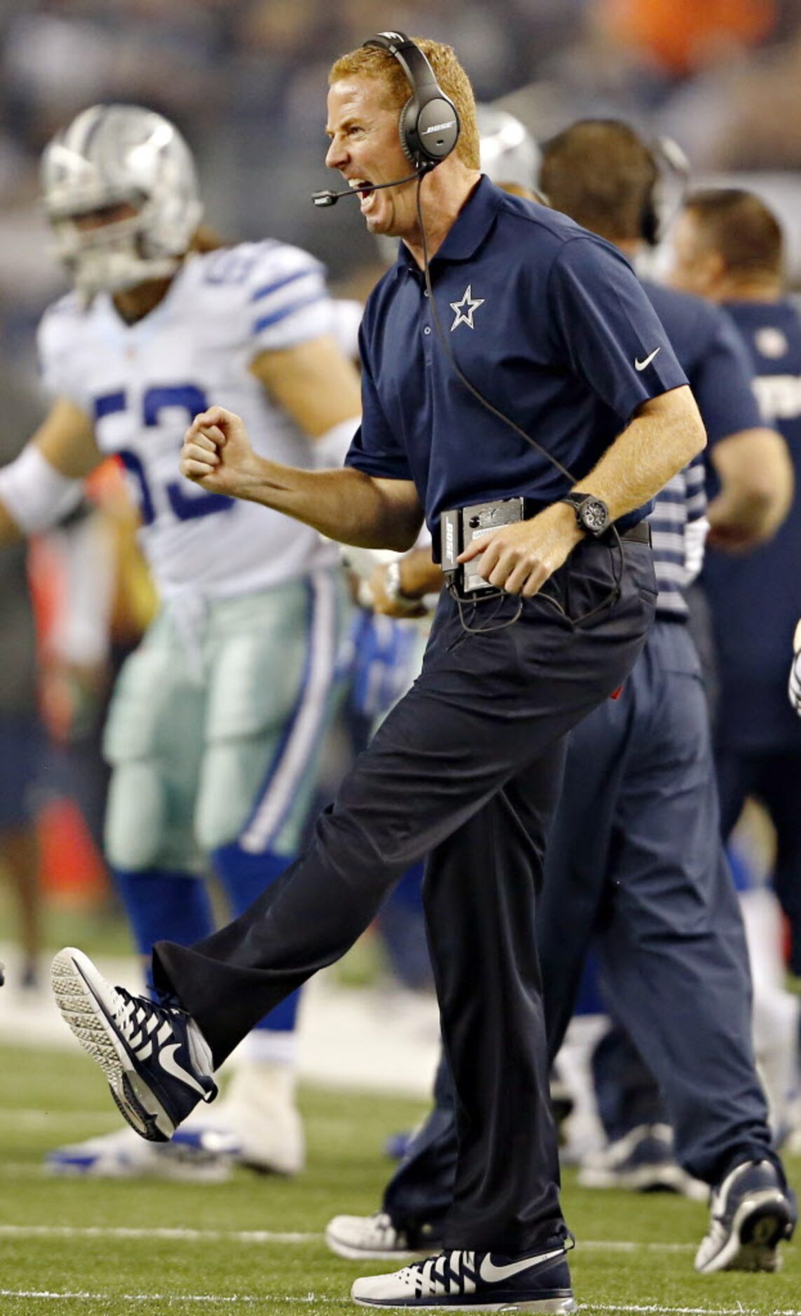 Dallas Cowboys head coach Jason Garrett reacts after a failed field goal attempt by the New...