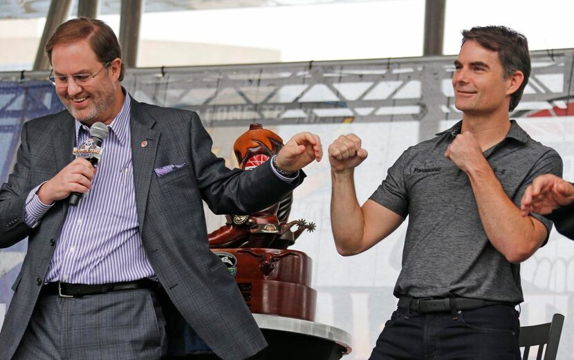 
Texas Motor Speedway president Eddie Gossage clowned around with NASCAR superstar Jeff...