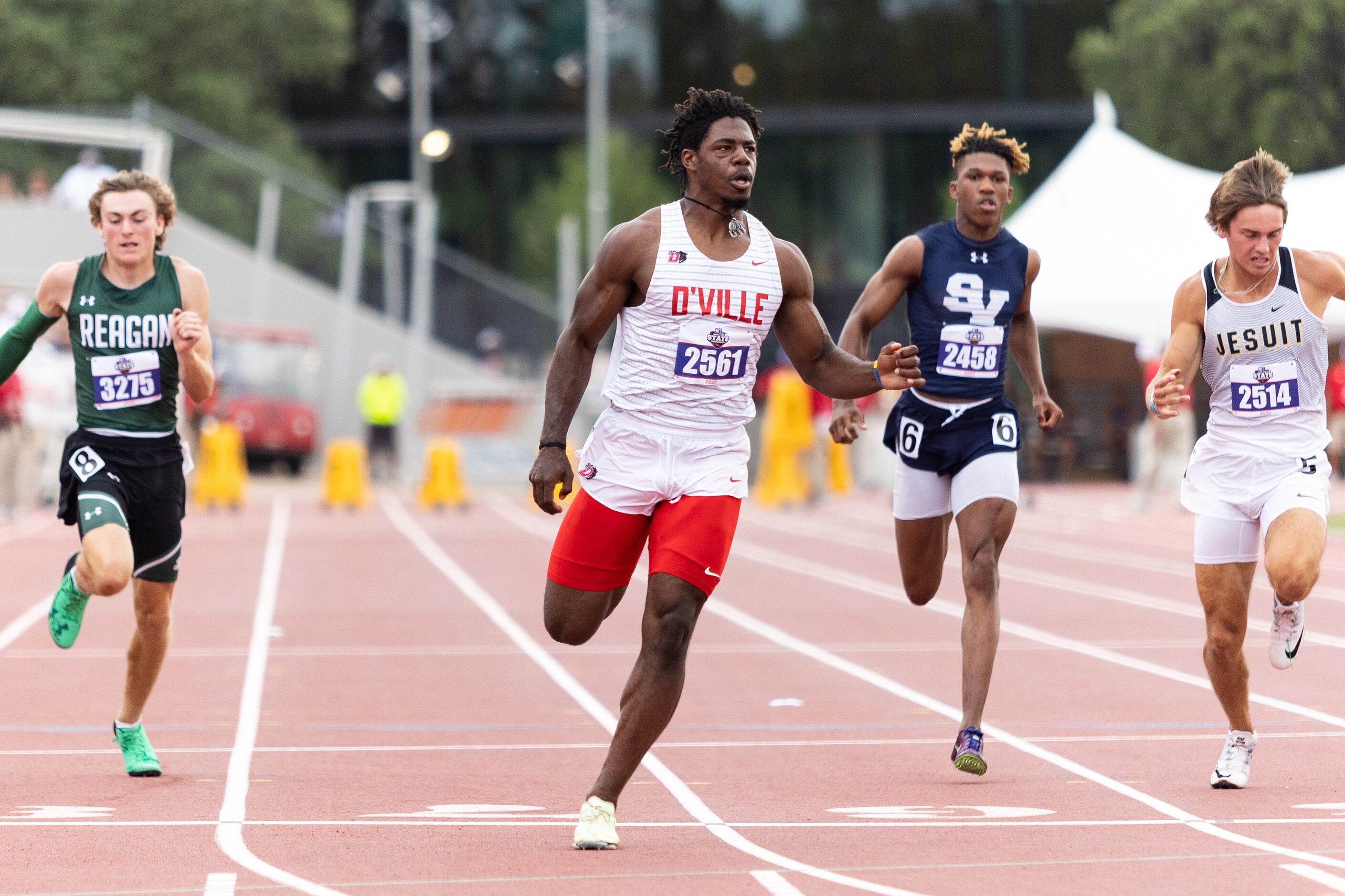 Pierre Goree of Duncanville looks to the scoreboard for results at the UIL Track & Field...