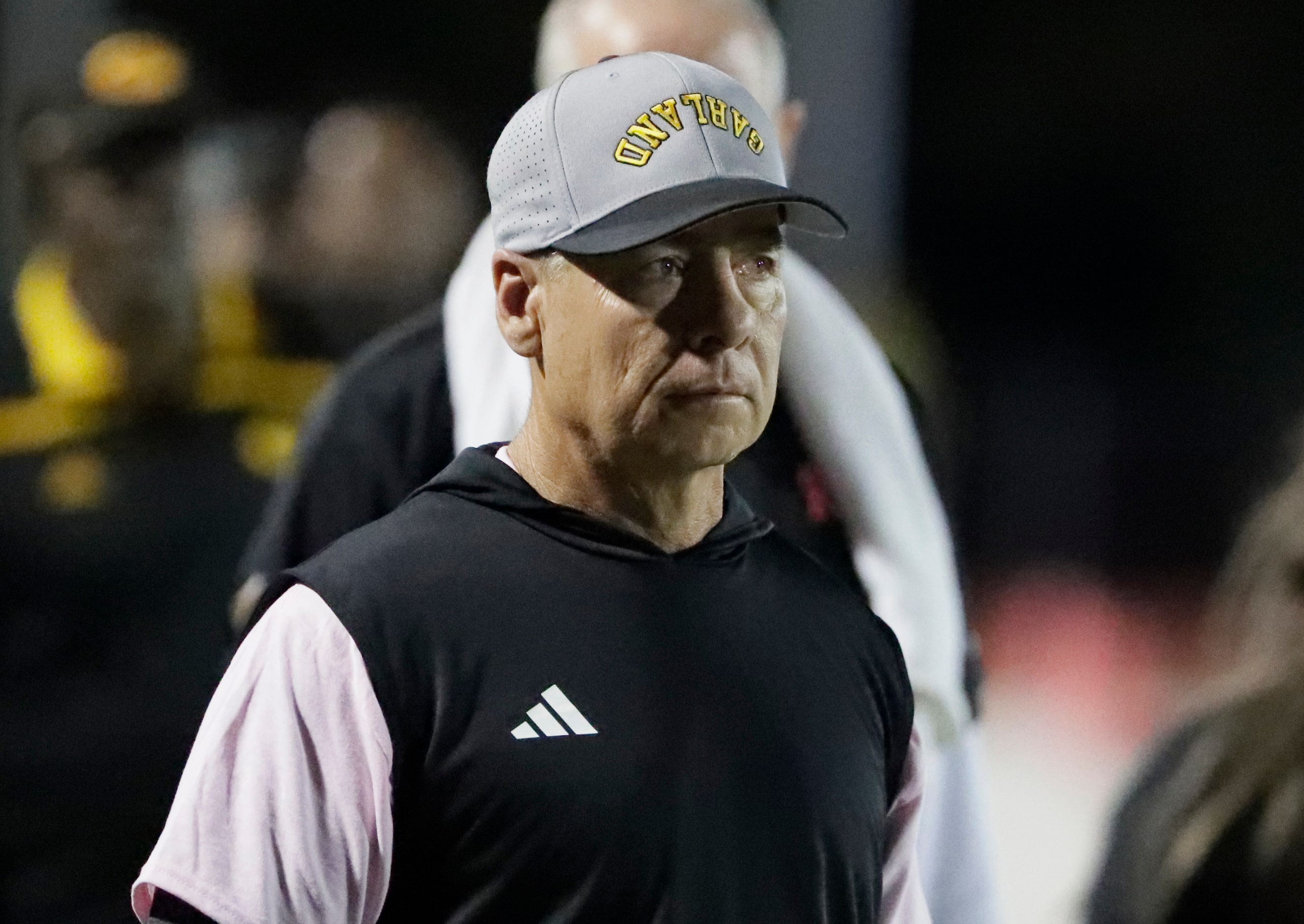 Garland High School head coach Danny Russell looks on during the first half as Garland High...