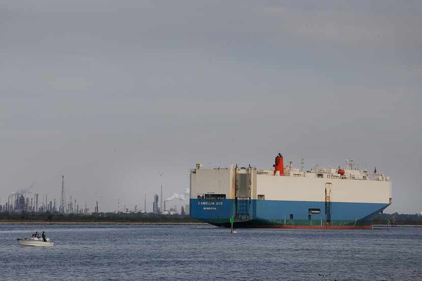 A vessel exits the Houston Ship Channel in Galveston, Texas, U.S., on Tuesday, March 25,...