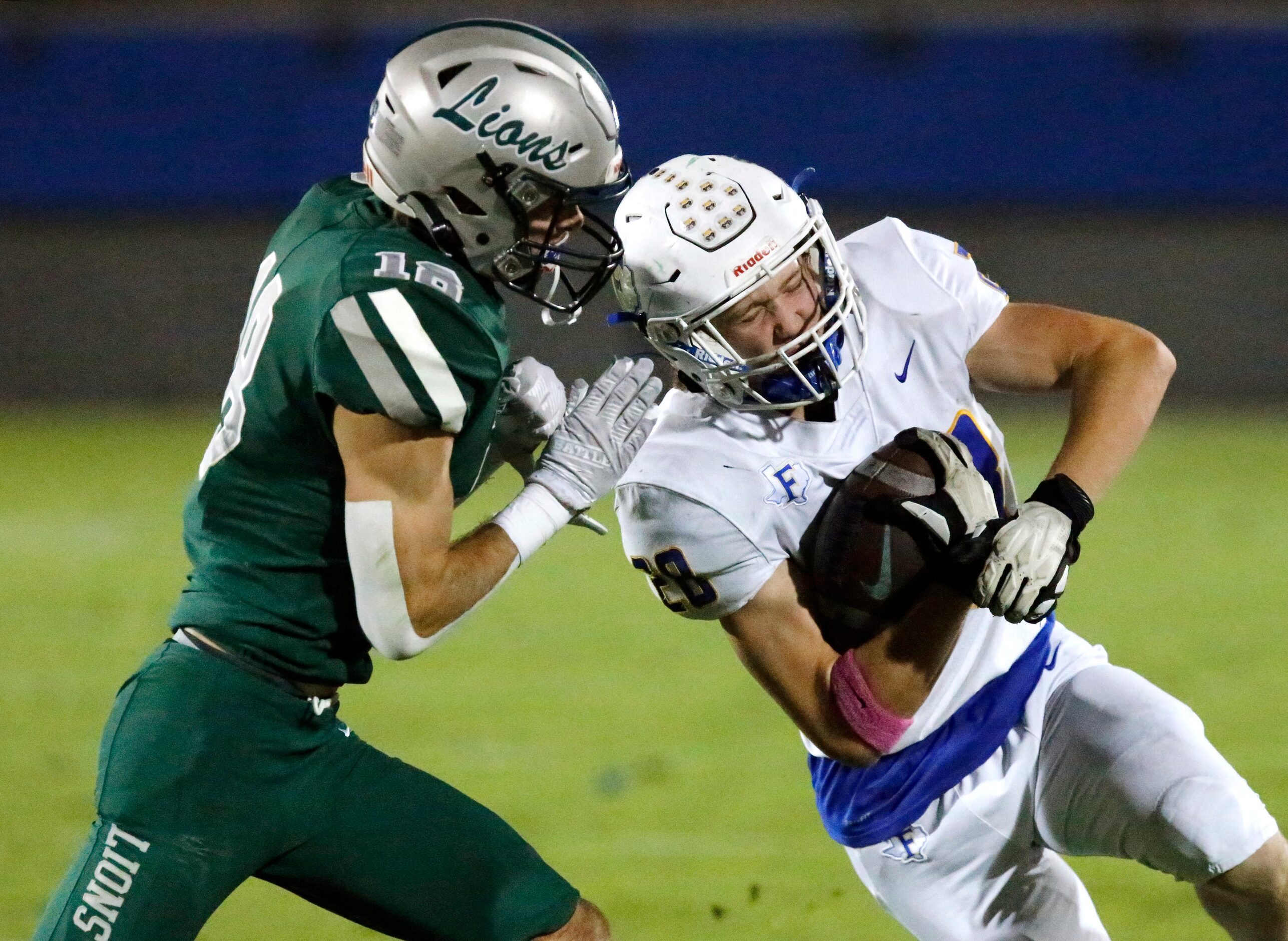 Reedy High School linebacker Cole Powell (18) bears down on Frisco High School tight end...