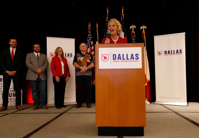 State Rep. Cindy Burkett makes a victory speech at November 2016 Dallas County Republican...