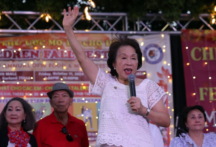 State Rep. Angie Chen Button, R-Richardson, speaks to supporters outside the Cali-Saigon...