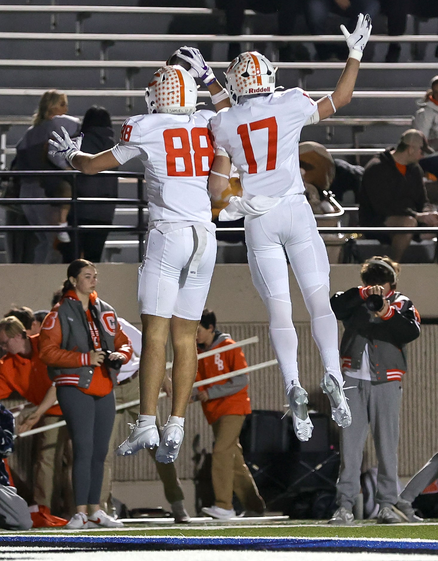 Celina wide receiver Wyatt Villarreal (88) and wide receiver Cameron Edwards (17) celebrate...