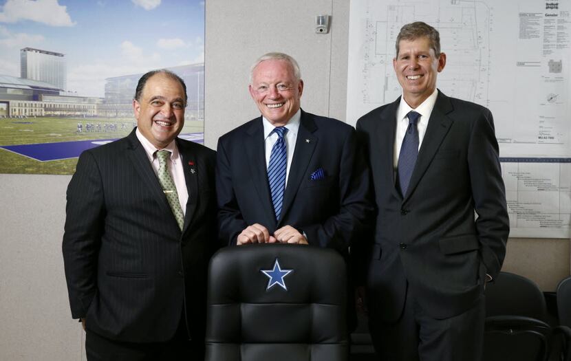 Frisco Mayor Maher Maso, Dallas Cowboys owner Jerry Jones and Frisco ISD Superintendent...