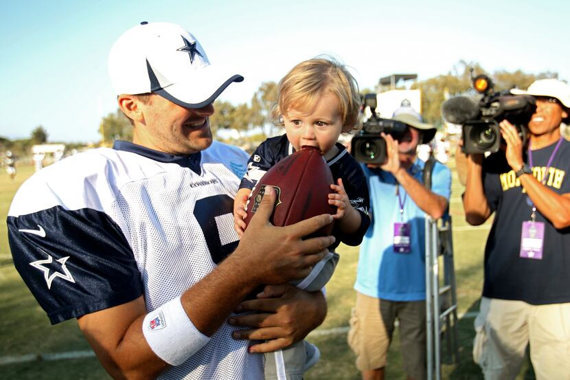 Pacific Coast pacifier. Cowboys quarterback Tony Romo's son, Hawkins, gets a taste of NFL...