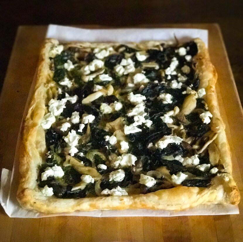 Savory tart with chard, mushrooms and fresh goat cheese