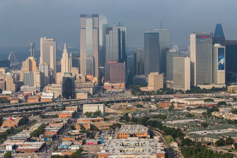 The elevated Interstate 345 separates the east side of downtown Dallas from Deep Ellum