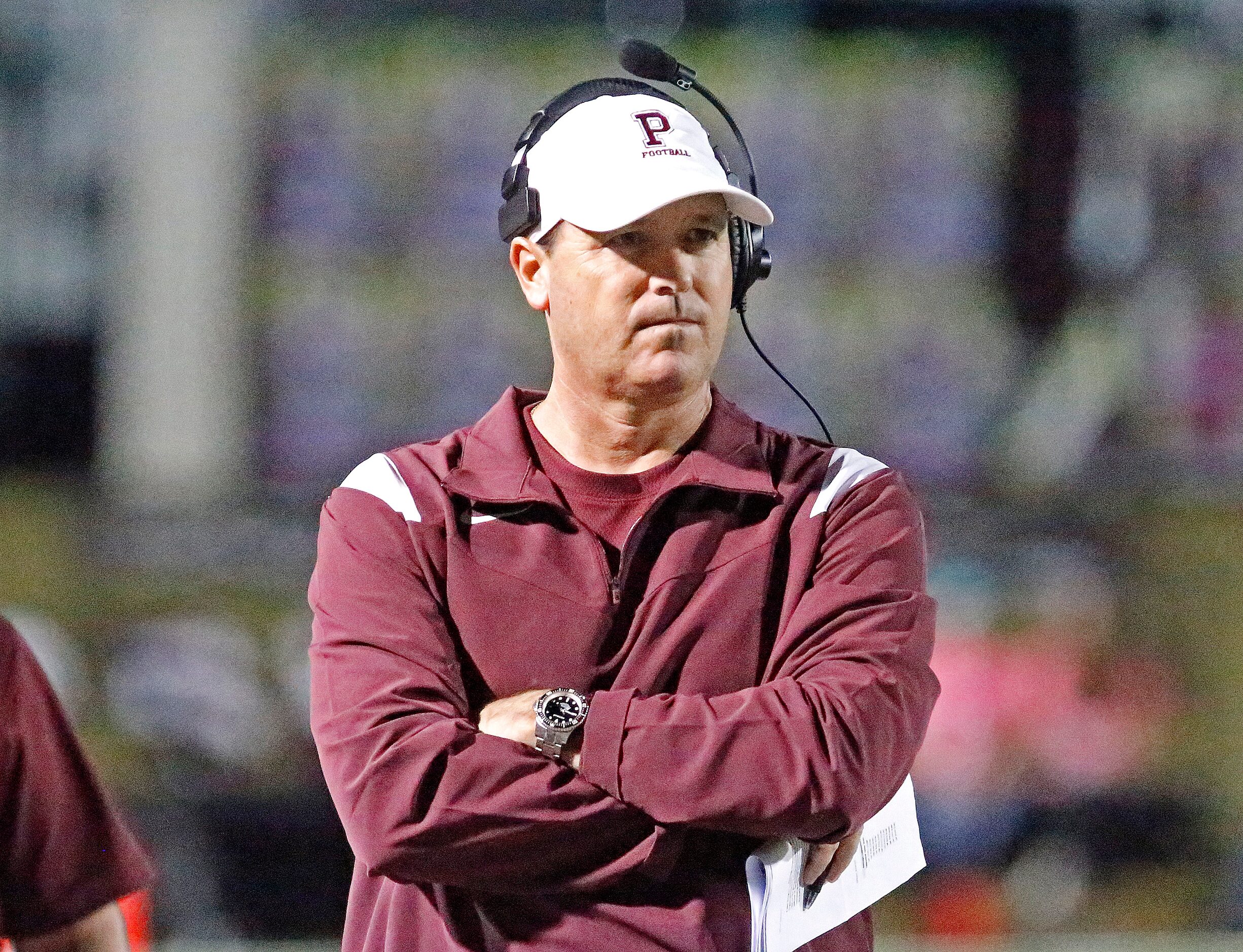 Plano Senior High School head coach Todd Ford looks on during the first half as Plano Senior...