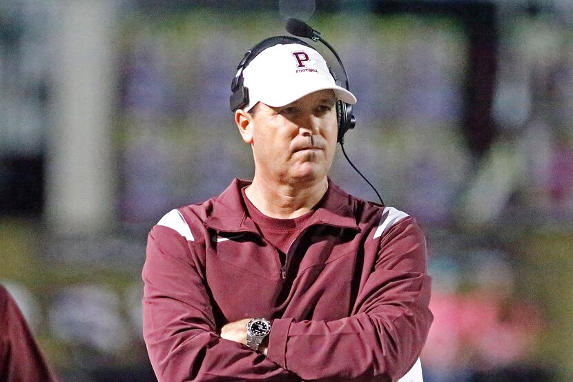 Plano Senior High School head coach Todd Ford looks on during the first half as Plano Senior...