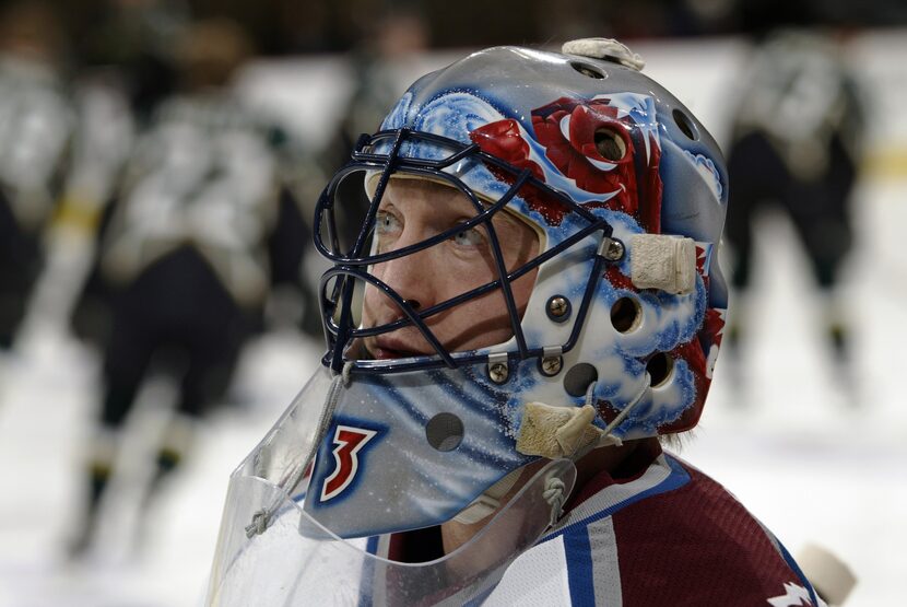  DENVER - JANUARY 20: Goalie Patrick Roy #33 of the Colorado Avalanche warms up for his...