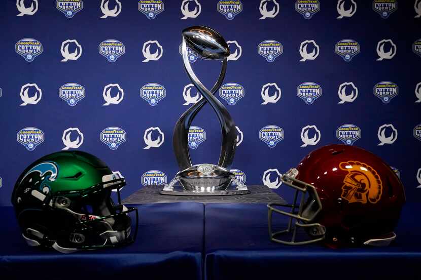 The Cotton Bowl trophy is displayed at a press conference ahead of the Cotton Bowl NCAA...