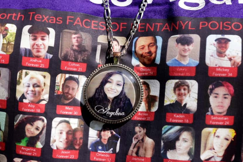 Christina Pena of Farmers Branch wears a photo medallion of her daughter Angelina Rogers,...