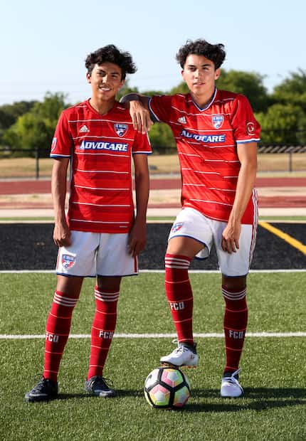 FC Dallas Academy players Johan Gomez (right), 17, and his brother Jonathan Gomez, 14, pose...