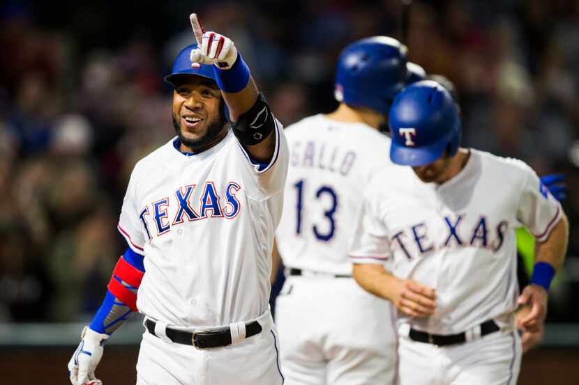 Texas Rangers shortstop Elvis Andrus (1) celebrates a home run during the fifth inning of an...