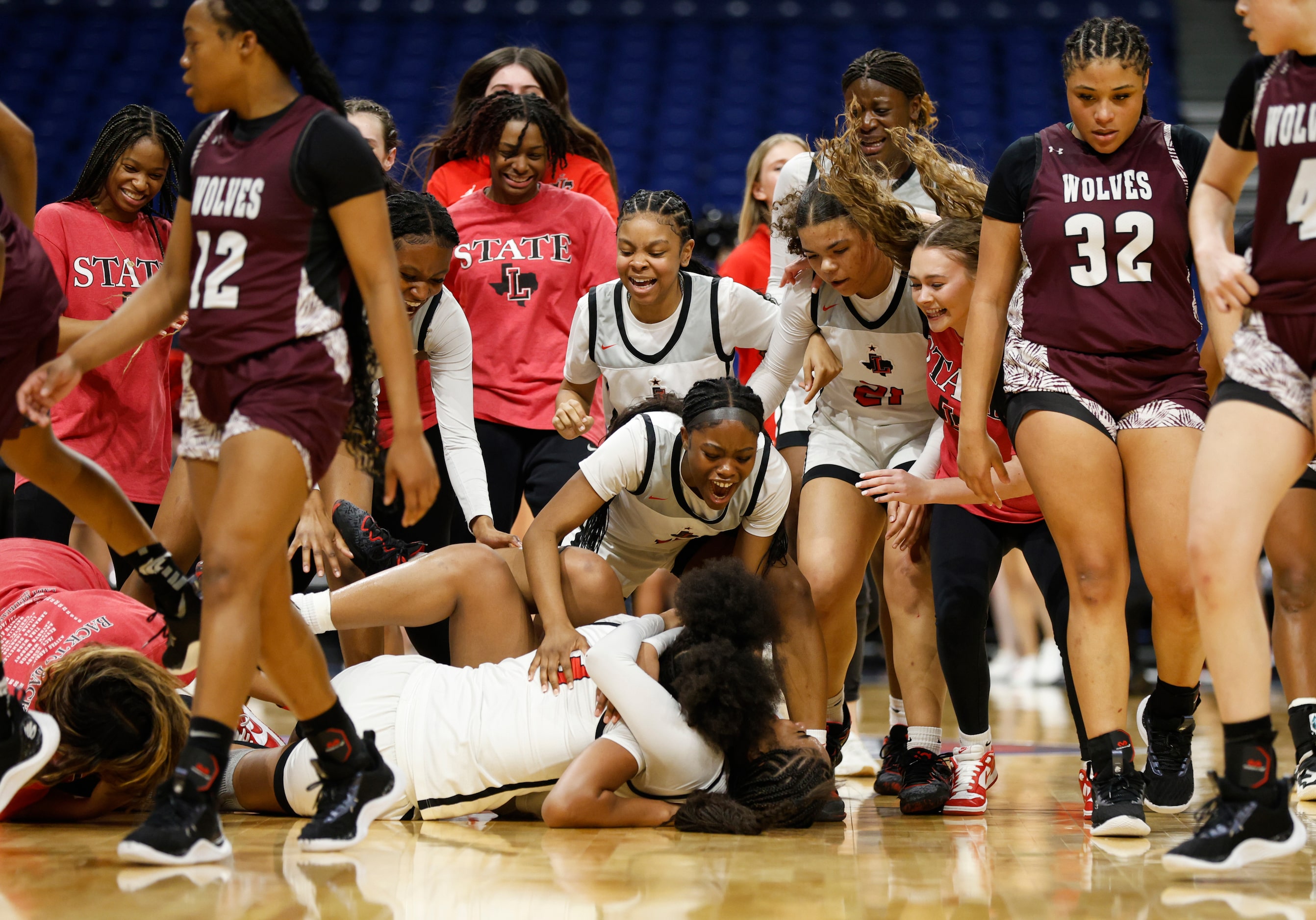 Frisco Liberty celebrates after defeating Mansfield Timberview for the Class 5A state...