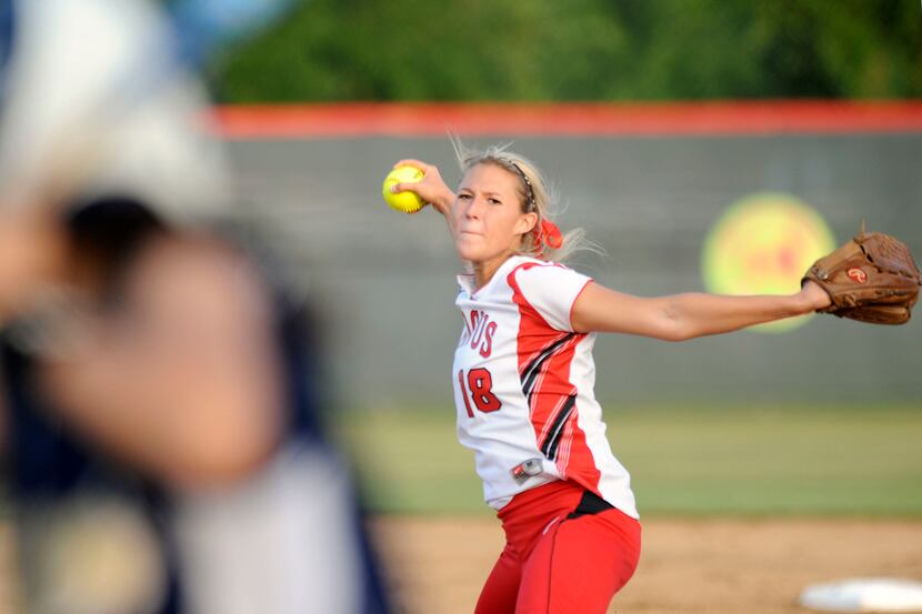 Marcus' Hannah Null pitches to Keller's Kristin Watkins during a UIL Class 5A regional...