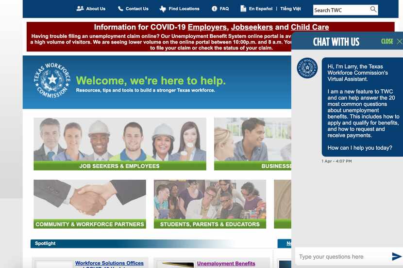 The Texas Workforce Commission's new chat bot "Larry" is accessible via the agency's website.