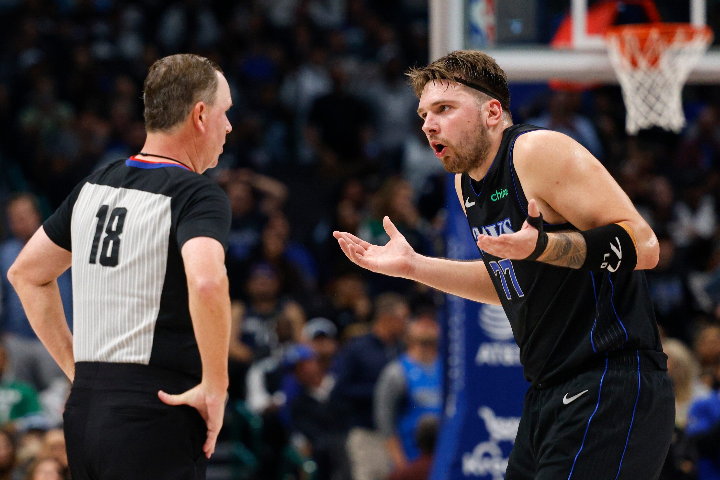 Dallas Mavericks guard Luka Doncic (77) reacts after being given a technical foul following...