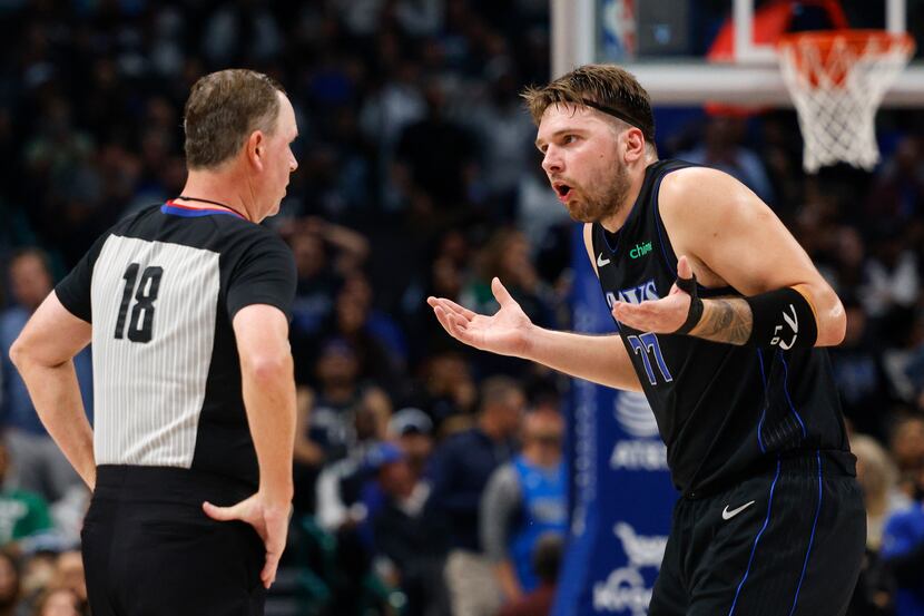 Dallas Mavericks guard Luka Doncic (77) reacts after being given a technical foul following...