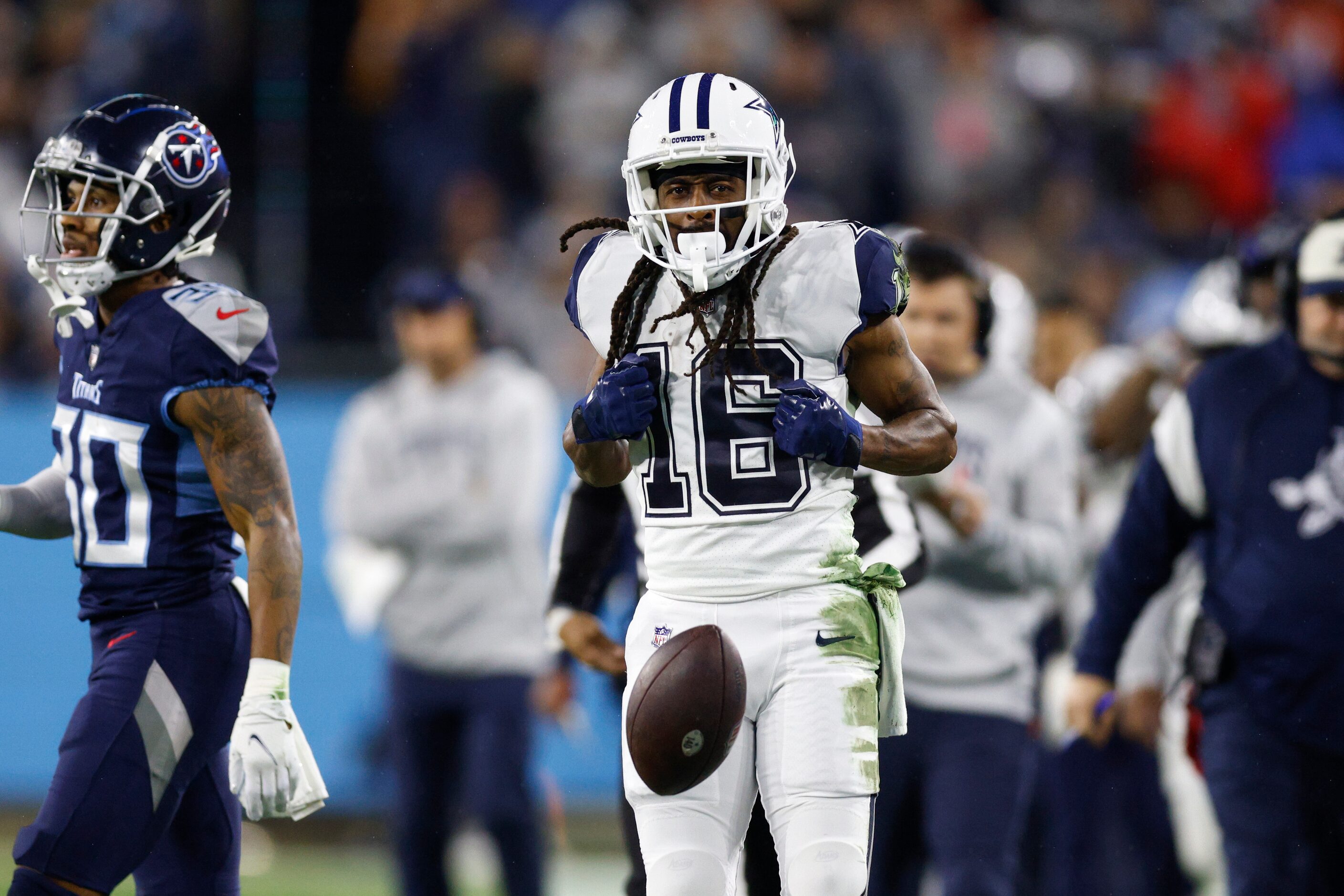 Dallas Cowboys wide receiver T.Y. Hilton (16) celebrates after completing a catch for a...