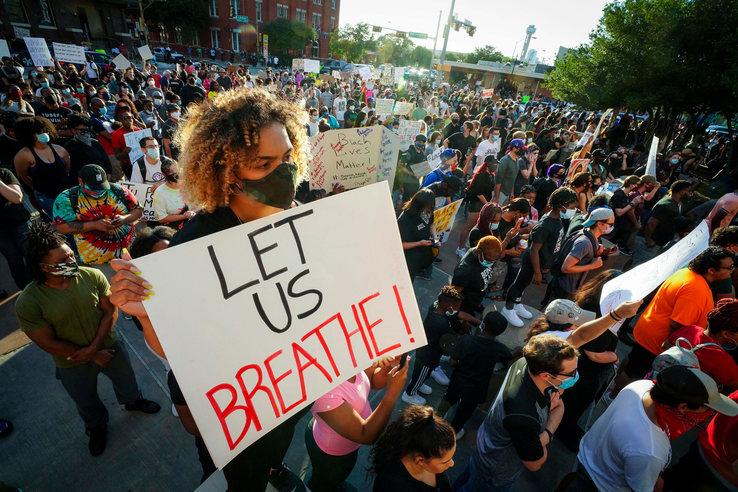 Tiona Bowman holds a sign reading ÒLet Us BreatheÓ during a protest against police brutality...