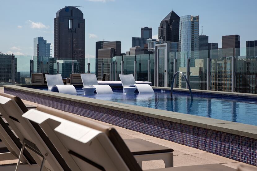 The pool deck of the 20-story One Uptown residential tower on McKinney Avenue in Dallas,...
