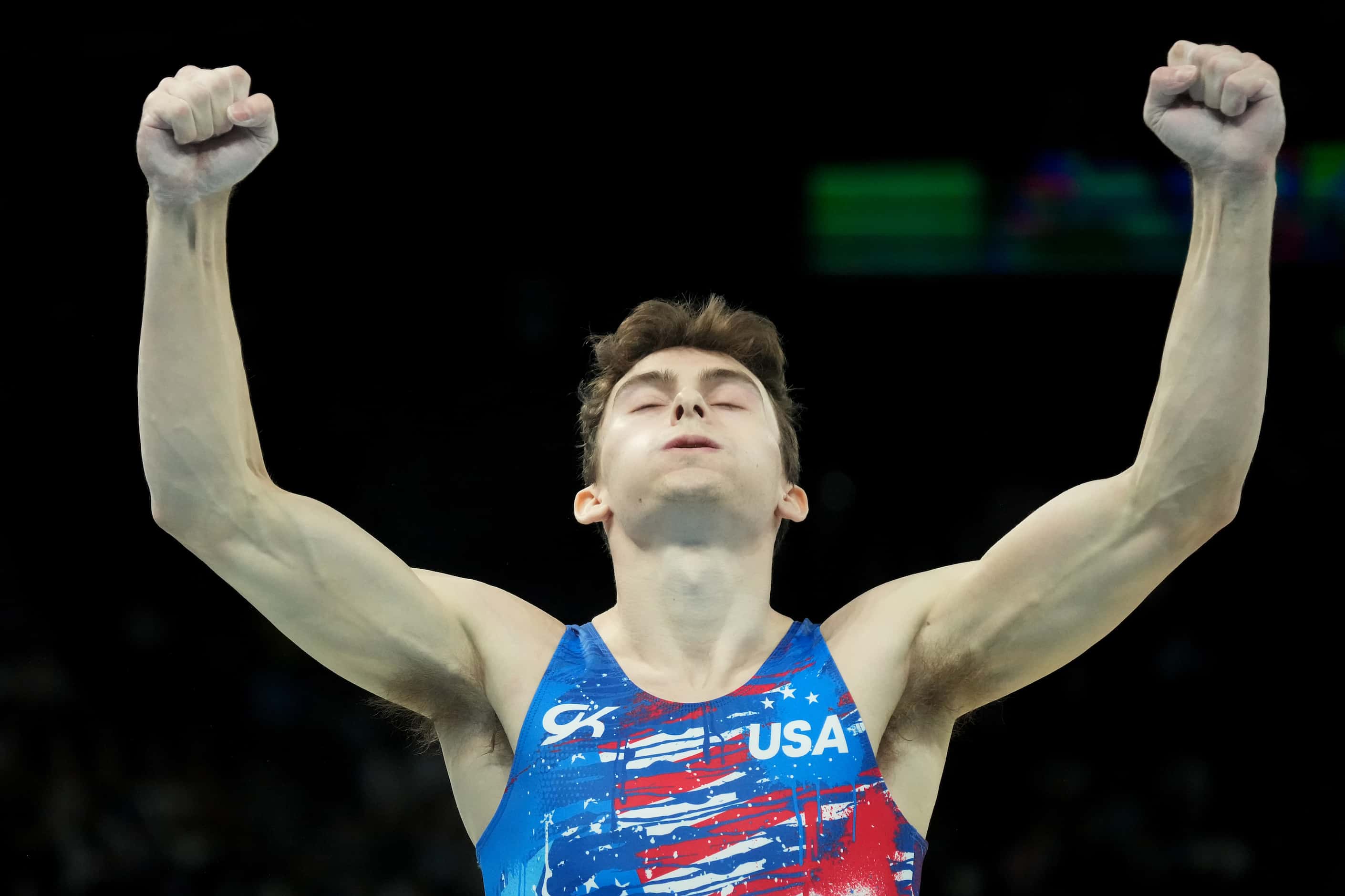 Stephen Nedoroscik of the United States reacts after competing on the pommel horse during...