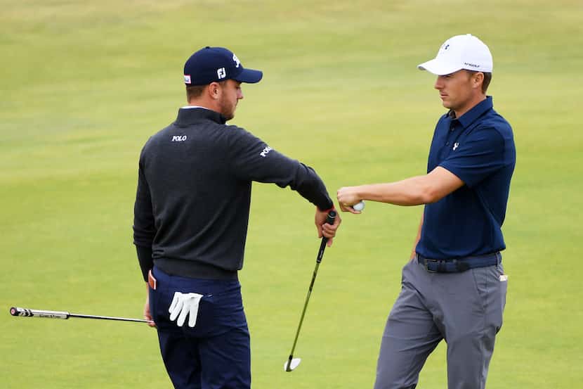 CARNOUSTIE, SCOTLAND - JULY 16:  Jordan Spieth of the United States (L) and Justin Thomas of...