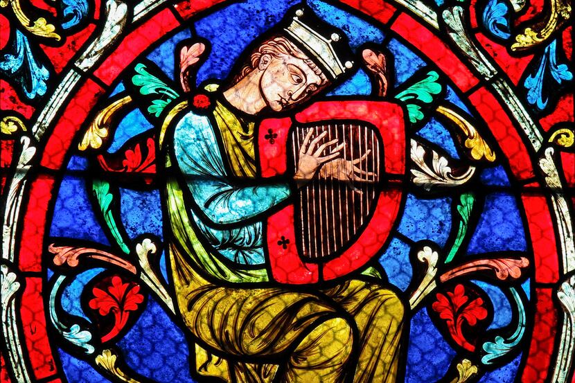 March 4, 2011: Stained-glass window in the Notre Dame Cathedral in Paris, depicts King David 