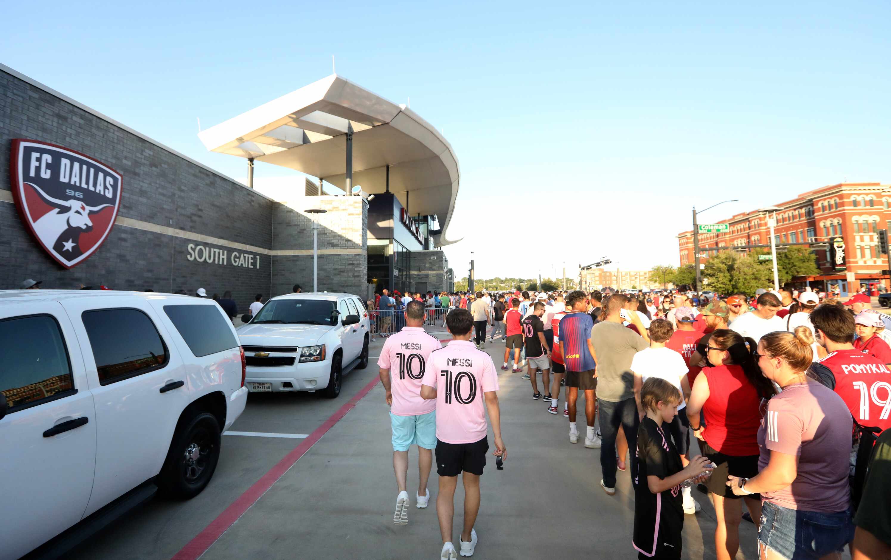 Fans wait in line as the gates open for an FC Dallas game at Toyota Stadium in Frisco, TX,...