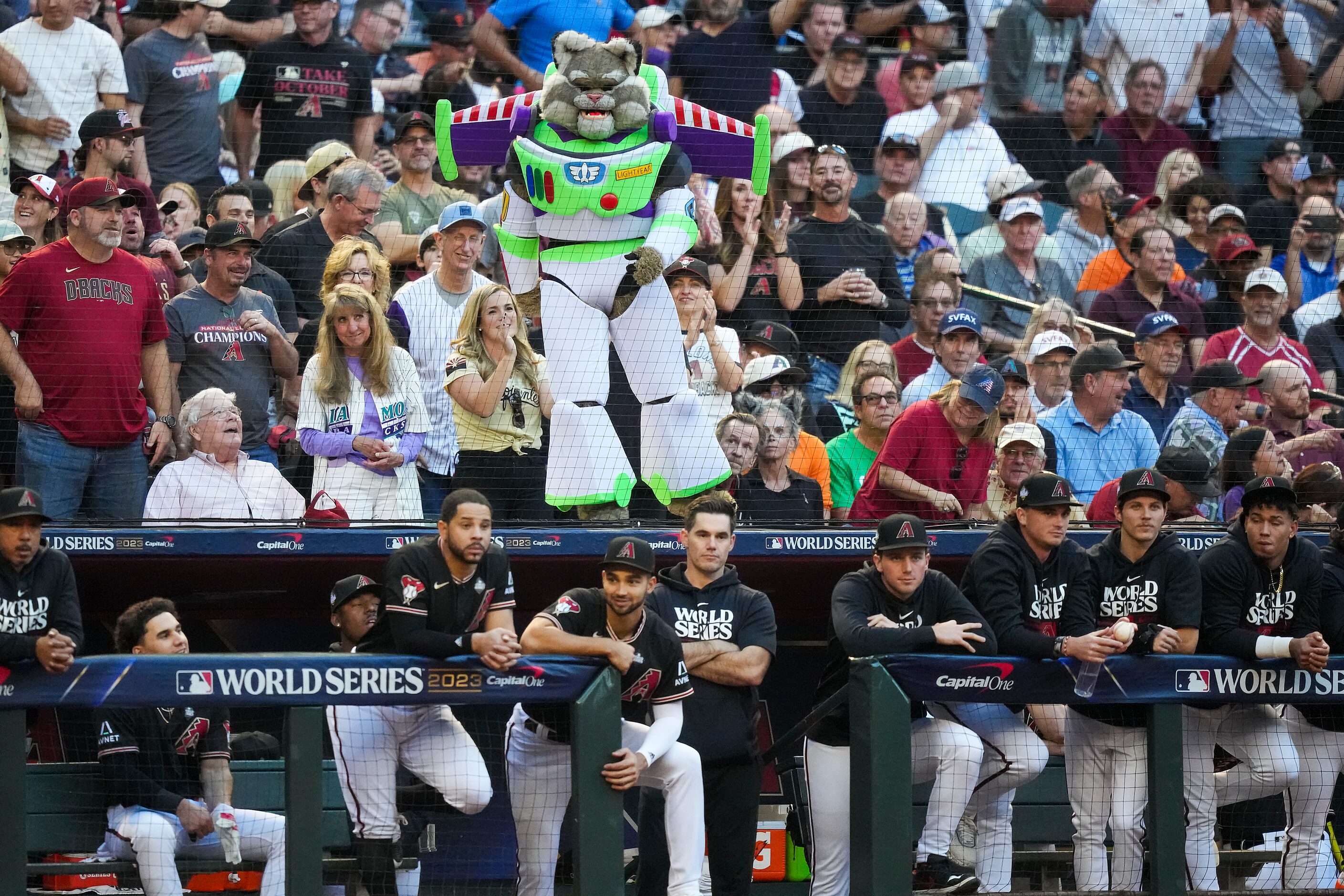 Arizona Diamondbacks mascot D. Baxter the Bobcat wears a Halloween costume atop the...