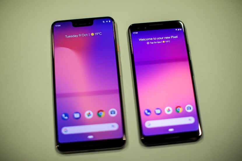 The new Google Pixel 3 XL and a Pixel 3 phone are shown at a Google hardware launch event in...