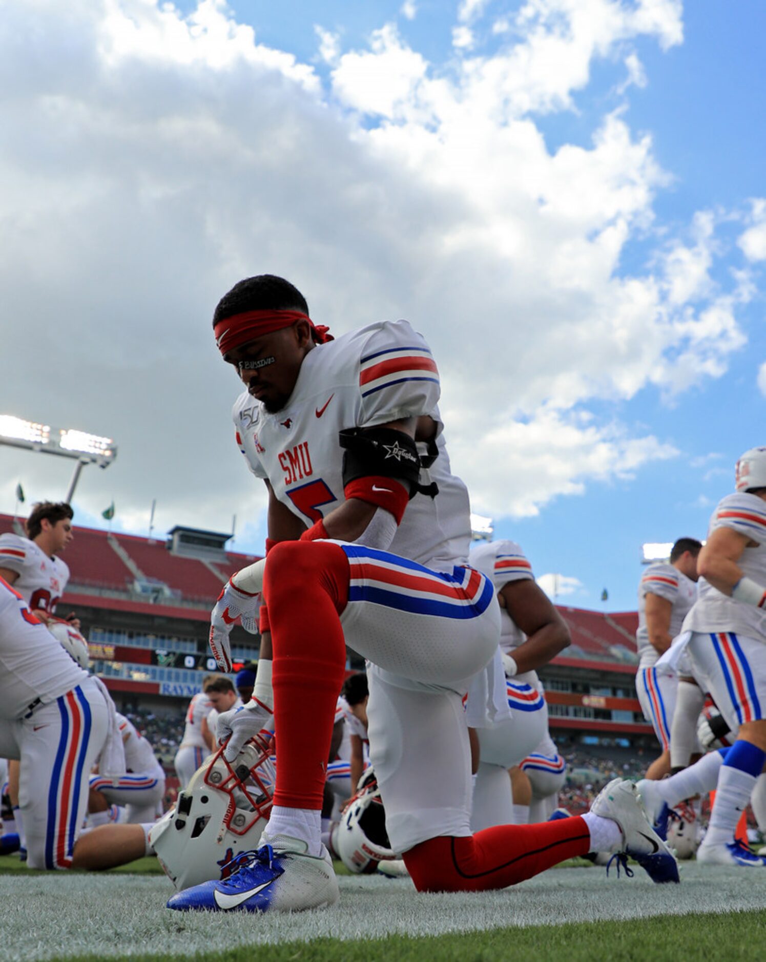 TAMPA, FLORIDA - SEPTEMBER 28: Xavier Jones #5 of the Southern Methodist Mustangs looks on...