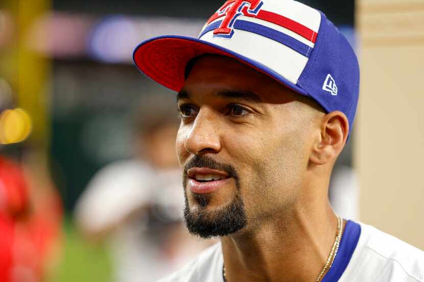 Texas Rangers second baseman Marcus Semien speaks with reporters during MLB All-Star Game...