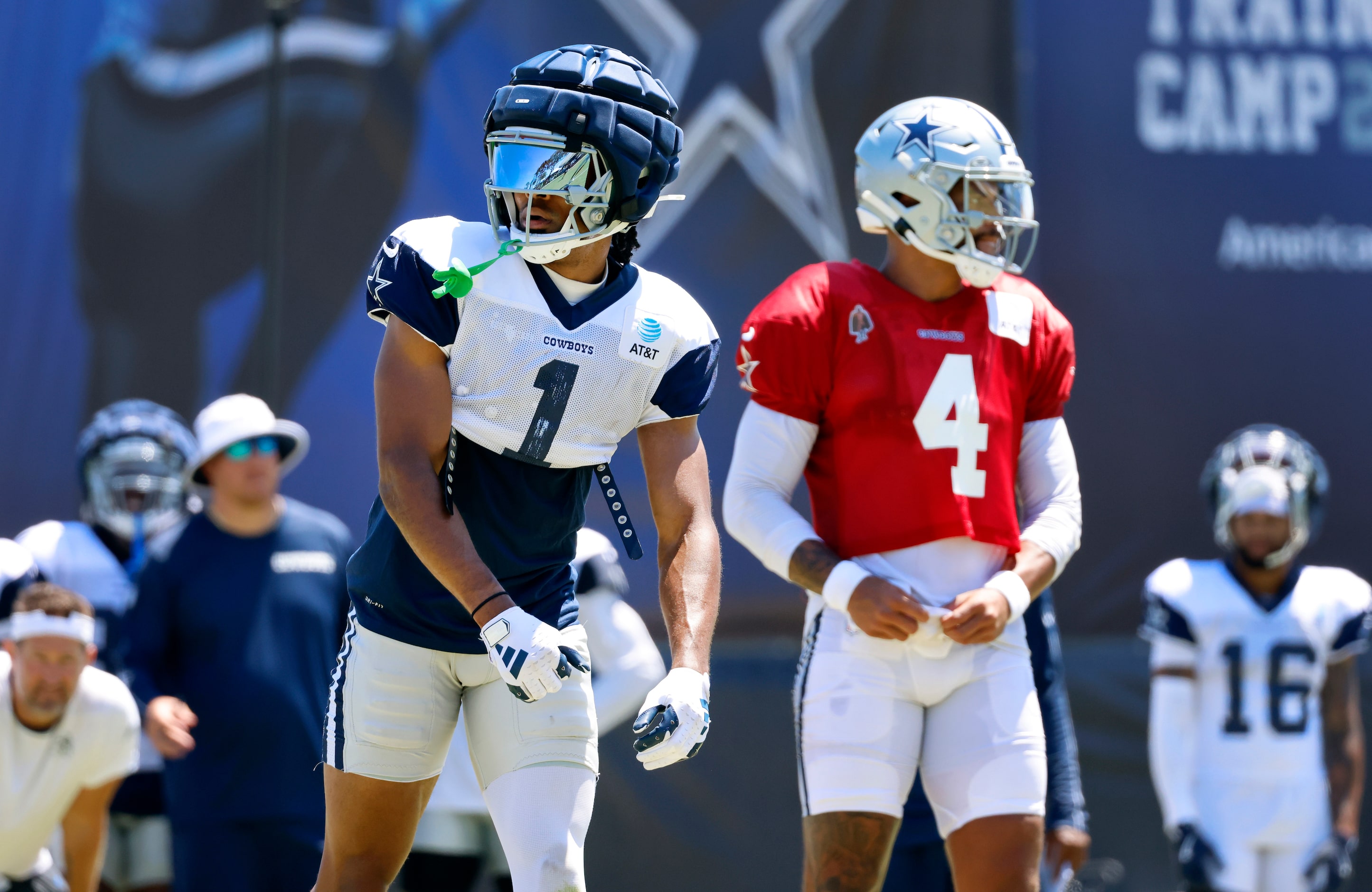 Dallas Cowboys wide receiver Jalen Tolbert (1) lines up before running and catching a Dak...