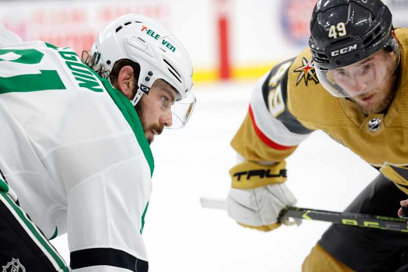 Dallas Stars center Tyler Seguin (91) faces off against Vegas Golden Knights center Ivan...