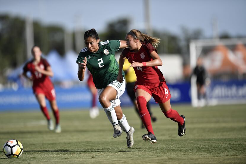 June 12, 2018 (Bradenton, FL) - Mexico's Reyna Reyes contests a loose ball with the USA's...