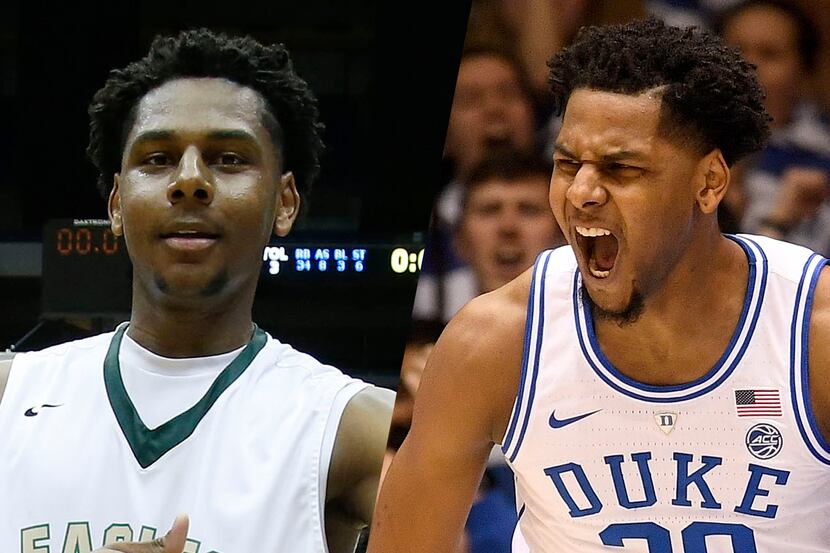 Marques Bolden with DeSoto in 2016 (left) and Duke in 2019.
